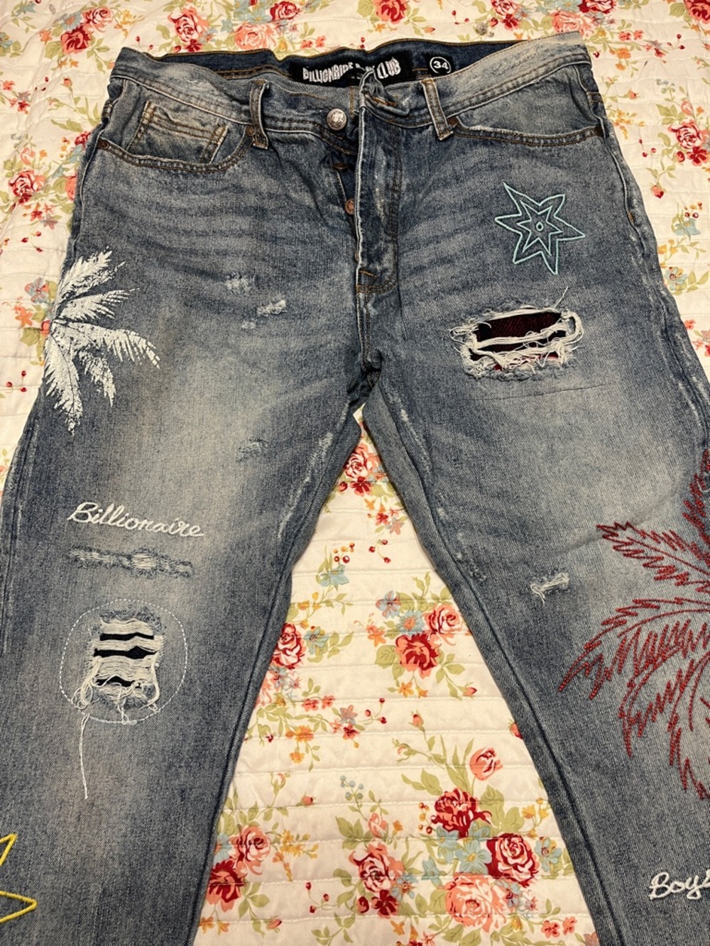 Billionaire Boys Club Men's Distressed Embroidered Blue Jeans